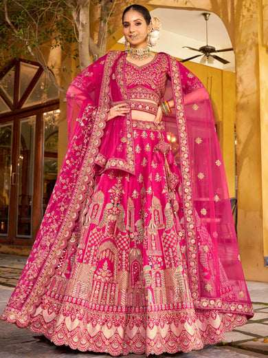 Superb Pink Embroidered Silk Bridal Wear Lehenga Choli With Double Dupatta